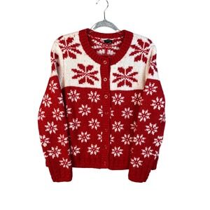 Talbots Womens Red White Snowflake Chunky Knit Cardigan Sweater Large